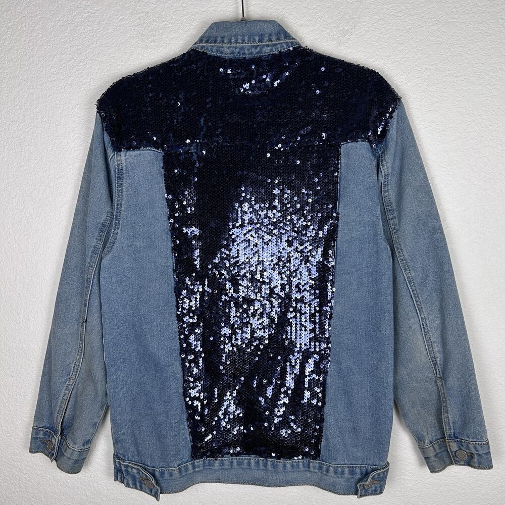 Bee & Ceci Size M Oversized Distressed Sequin Embroidered Jean Jacket - Picture 6 of 8